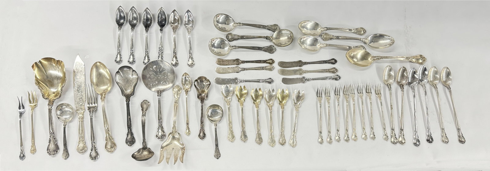 62 PCS. CHANTILLY PATTERN STERLING SILVER INC. SPORKS, BUTTERS, ETC. APPROX. 54 TROY OZ (1 of 8)