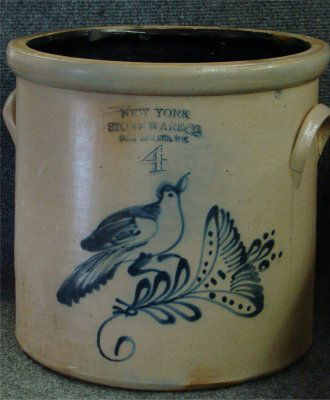New York Stoneware Co. Four Gallon Crock With Bird: New York Stoneware Co. Four Gallon Crock With Bird On Flower