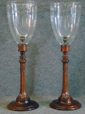 Pair Of Edwardian 31" Mahog Hurricane Candle Lamps: Pair Of Edwardian 31" Mahogany Hurricane Candle Lamps
