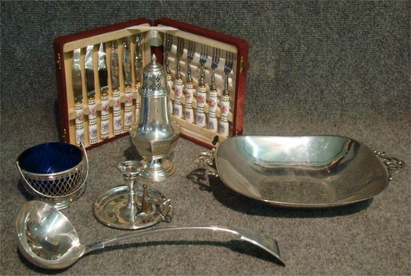 Sterling Silver Items,inc. Fraberg Dish: Sterling Silver Caster, Chamberstick, Cobalt Lined Sugar Basket, Fraberg Designed Danish Dish, Silver Plated Ladle & Royal Crown Derby Fruit Knives. Just Silver Weight Approximately 21.2 Troy Ounces