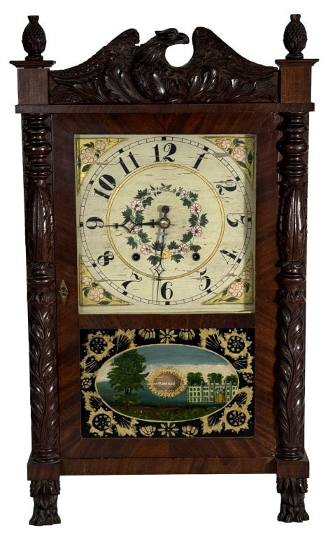 HENRY LOOMIS CLASSICAL SHELF CLOCK , EAGLE CREST & CARVED COLUMNS, PAW FT & ORIG GLASS, WORKING 30" (1 of 8)