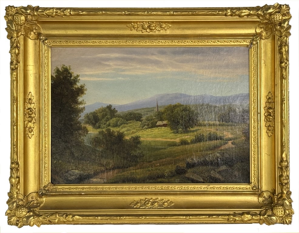 OIL / CANVAS ATTRIB. TO WILLAM TROST RICHARDS "A MORNING STROLL IN THE COUNTRY" PARTIAL LABEL, PROV. (1 of 12)