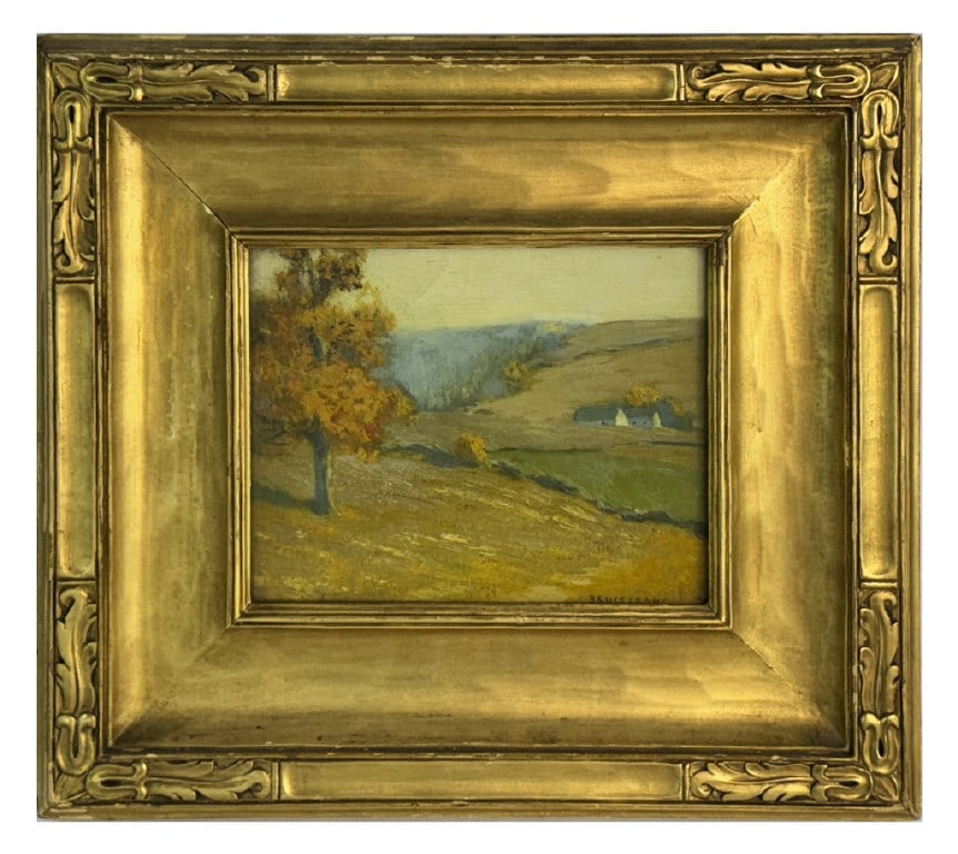 BRUCE CRANE "GOLDEN LANDSCAPE" IN ORIG. NEWCOMB MACKLIN FRAME OIL/ BOARD 8" X 10": BRUCE CRANE "GOLDEN LANDSCAPE" IN ORIG. NEWCOMB MACKLIN FRAME OIL/ BOARD 8" X 10"
