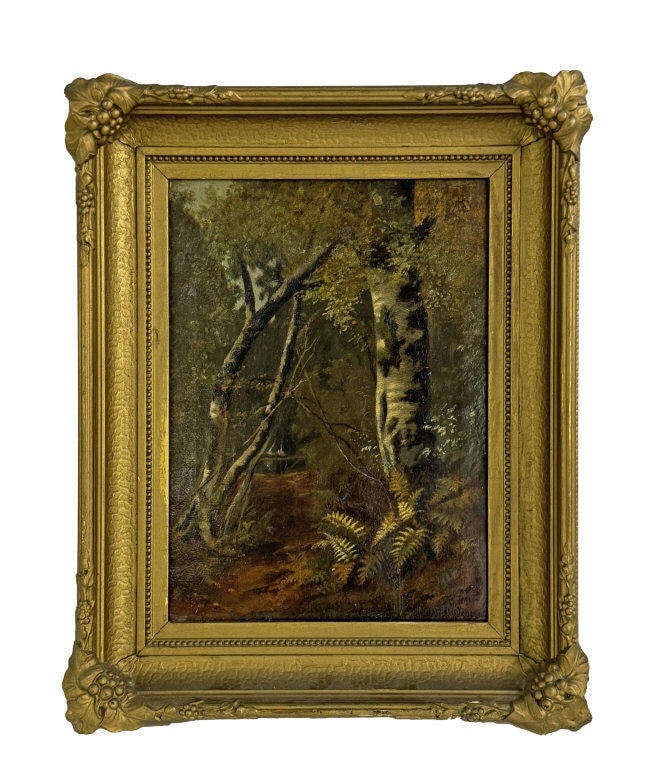 OIL / CANVAS ERNEST PARTON "FOREST INTERIOR" (1845 - 1933) 12" X 9": OIL / CANVAS ERNEST PARTON "FOREST INTERIOR" (1845 - 1933) 12" X 9"