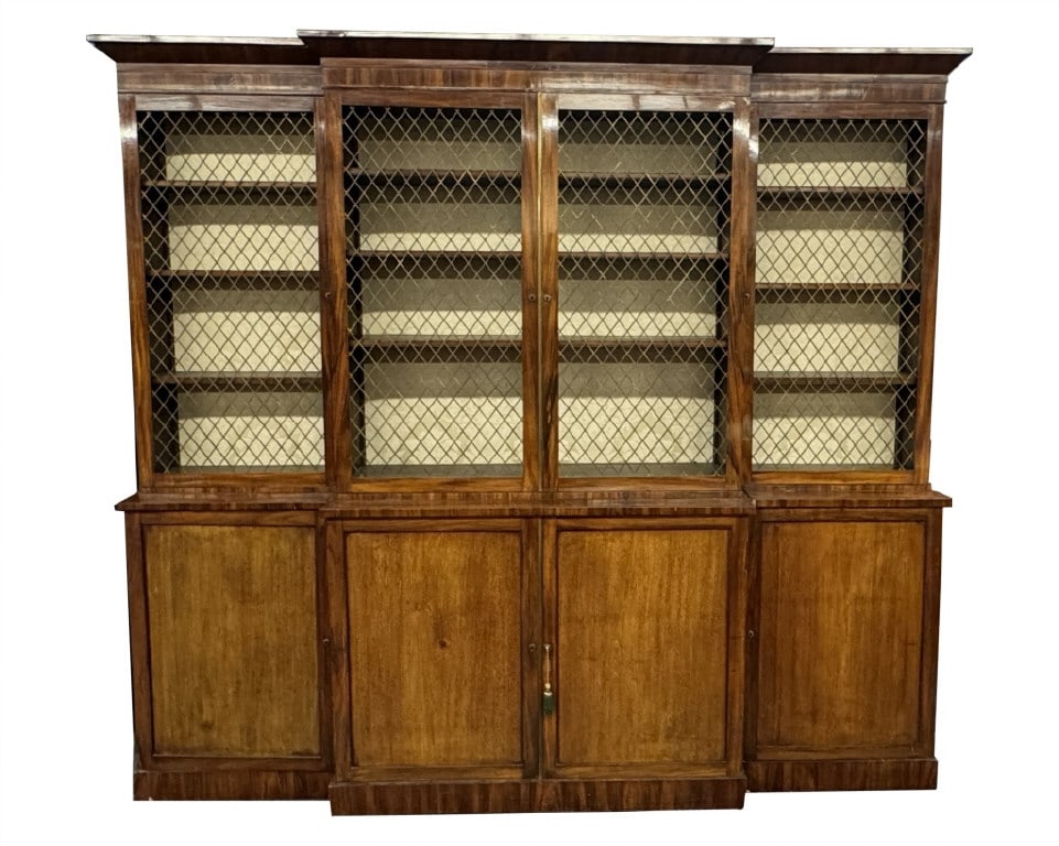 19THC. ENGLISH ROSEWOOD WALL CABINET W/ 4 BRASS MESH DOORS OVER CABINET DOORS 89" X 98" X 19" (1 of 7)
