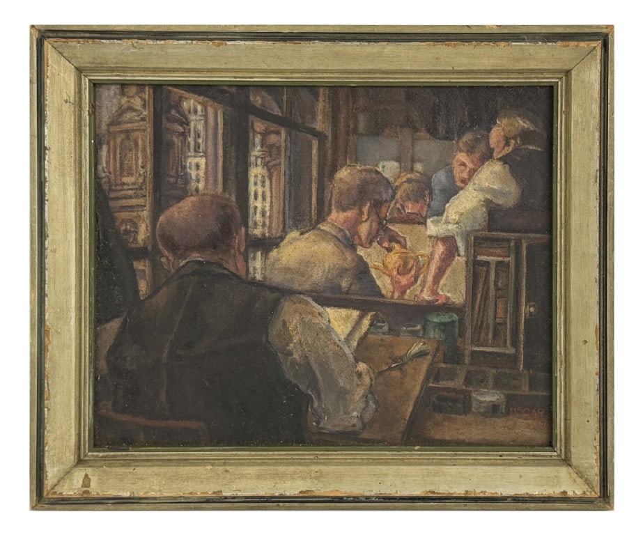 TIFFANY SILVERSMITHS AT WORK" BY OSCAR RIEDENER, 1930 OLD TIFFANY HEADQUARTERS: TIFFANY SILVERSMITHS AT WORK" BY OSCAR RIEDNER 1930, (OLD TIFFANY HEADQUARTERS) SILVER DESIGNER 9 1/2' X 12