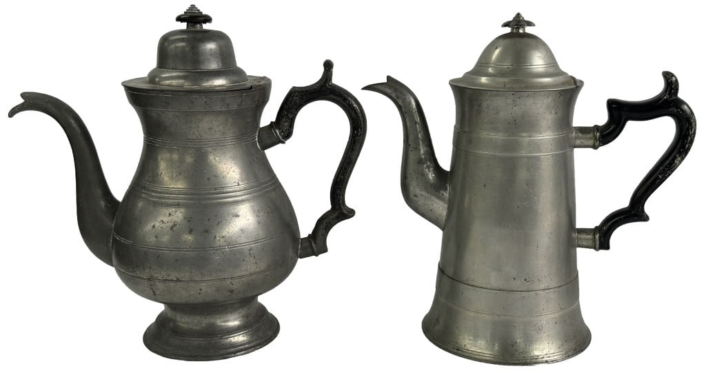 2- 19THC. PEWTER COFFEE POTS, 1 BY A. PORTER & 1 BY R. DUNHAM BOTH 11" TALL (1 of 4)