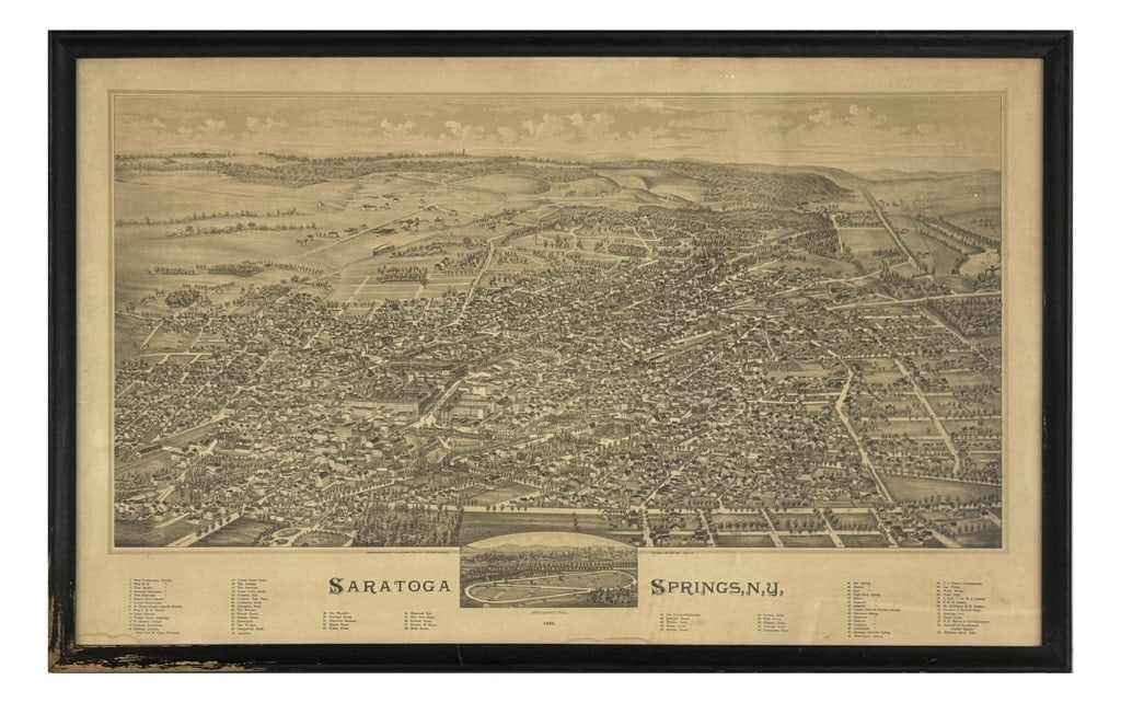 BIRDS EYE VIEW OF SARATOGA SPRINGS, NY  1888 BY BURLEIGH LITHO. CO. TROY NY  28" X 38"  OVERALL (1 of 8)