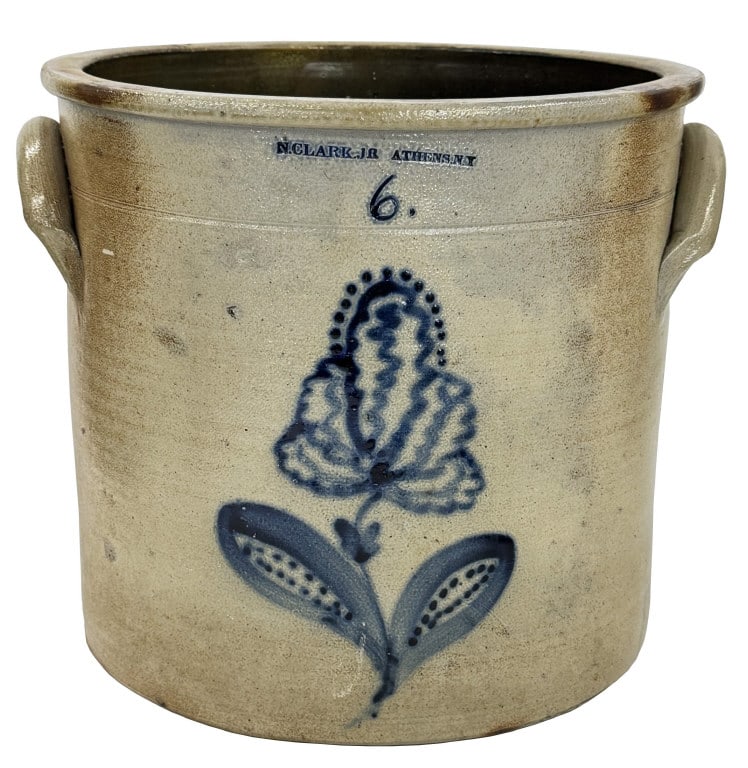 N. CLARK JR.,  ATHENS NY COBALT DECORATED 6 GAL CROCK 12" X 14 1/2" (1 of 8)