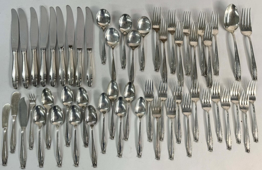 54 PCS. STERLING FLATWARE BY WALLACE "STRATIVARI" PATTERN DESIGNED BY WILLIAM S. WARREN APPROX. 56 (1 of 4)