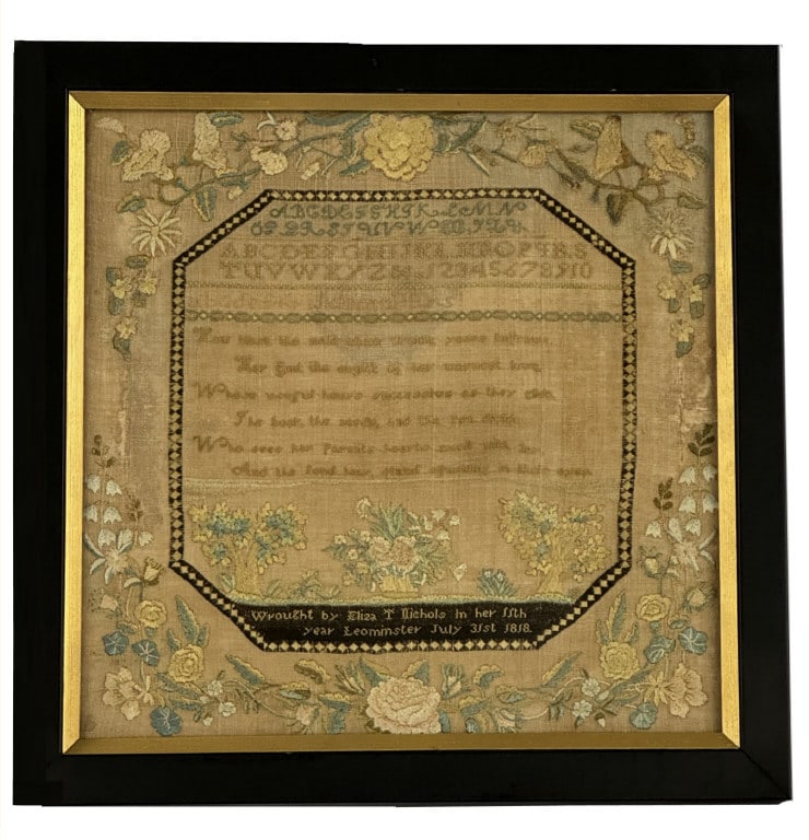 ELIZA TURNER NICHOLS, 1818 LEOMINSTER SAMPLER LINES OF ABC'S, PIOUS VERSE & FLORAL BORDER 16" X 16": ELIZA TURNER NICHOLS, 1818 LEOMINSTER SAMPLER LINES OF ABC'S, PIOUS VERSE & FLORAL BORDER 16" X 16"