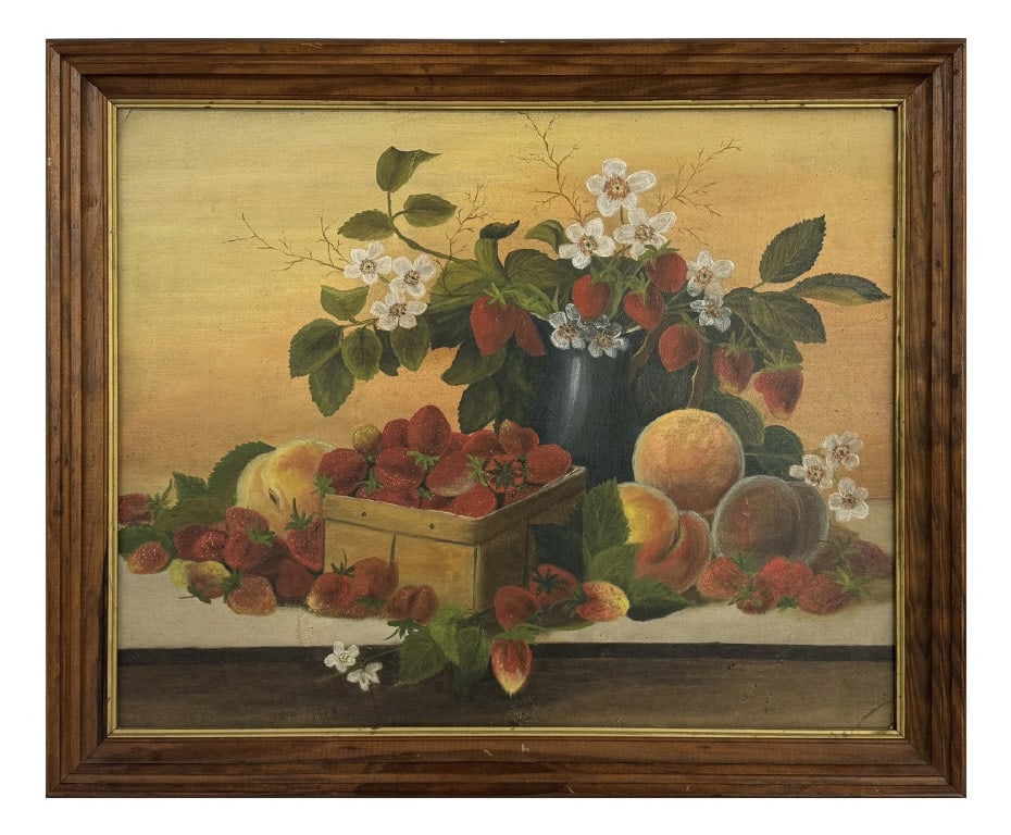 AMERICAN SCHOOL 19THC. OIL / BOARD "STILL LIFE W/ STRAWBERRIES" 16" X 20" (1 of 4)