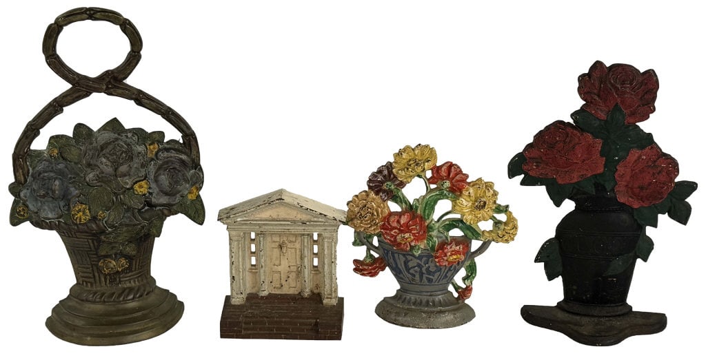 4 CAST IRON DOOR STOPS IN ORIG. PAINT INC. VASE, 3 BASKET OF FLOWERS & PORTICO (1 of 9)