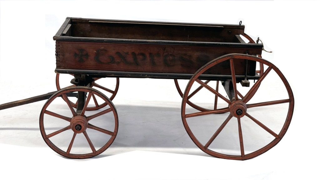 EXPRESS WAGON W/ WOODEN SPOKED WHEELS PARIS MANUFACTURE CO. , PARIS ME 19" X 40" X 22" OVERALL (1 of 8)