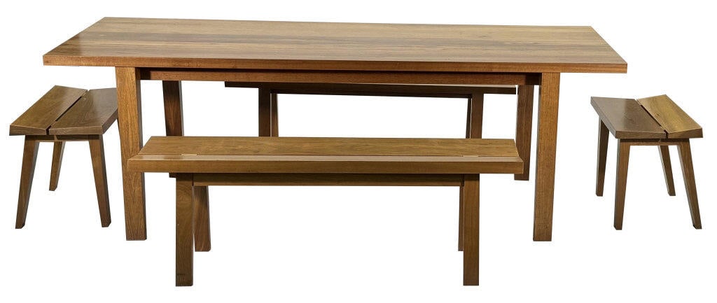 CUSTOM MADE TABLE & BENCHES BY TED BOERNER, SAN FRANCISCO 29" X 86" X 32 1/2": CUSTOM MADE TABLE & BENCHES BY TED BOERNER, SAN FRANCISCO 29" X 86" X 32 1/2"