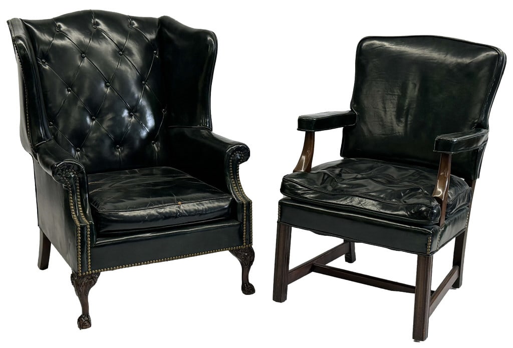 2 - 20THC. LEATHER UPHOLSTERED CHAIRS, 1 WING BACK & 1 ARM CHAIR (1 of 6)