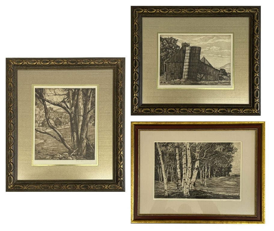3 SIGNED LUIGI LUCIONI ETCHINGS, BIRCH TREES, SILO & CABIN BEYOND THE TREES 9 1/4" X 14 1/4" (1 of 10)