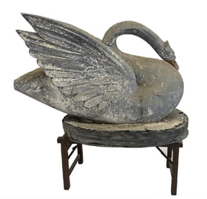 19THC. ZINC GARDEN SWAN,SOME DAMAGE, 30" TALL X 44" LONG