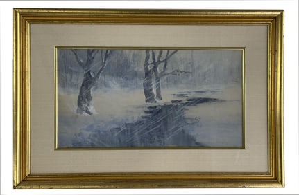 WATERCOLOR "WINTER STORM" JOHN WHORF UNSIGNED 10" X 18"