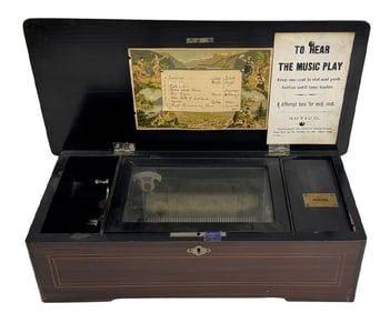 RARE PENNY PLAY SWISS 8 TUNE MUSIC BOX W/ SONG SHEET 17" X 8 1/4" X 5 1/2"