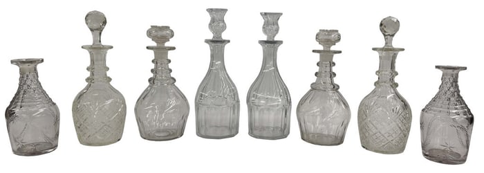 8 - 19THC. CRYSTAL WINE DECANTERS (2 W/O STOPPERS)