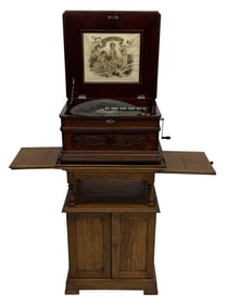 CRITERION MUSIC BOX DISC PLAYER ON MUSIC CABINET OVER 25 DISCS  (MUSIC BOX 11" X 21" 19")   46 1/2"