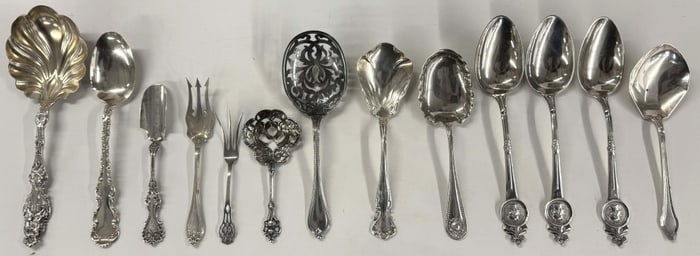 13 FANCY STERLING SERVING UNTENSILS, GORHAM, TOWLE WHITING  APPROX. 21 TROY OZ