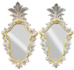 PR OF HAND  PAINTED CONTINENTAL PORCELAIN MIRRORS 32" X 17 1/2" OVERALL