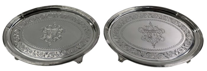 PR OF GEORGIAN STERLING SILVER SALVERS BY WILLIAM BENNET, LONDON 1801 WITH ARMORIAL BRIGHTWORK