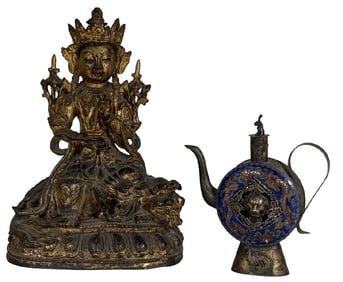 GILT BRONZE BUDDHA  & SILVER CLOISONNE SAKE VESSEL W/ RABBIT FINIAL BUDDHA 8 3/4" & VESSEL 5 1/2"