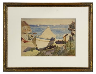 WILLIAM MCGREGOR PAXTON, WATERCOLOR "BOATS" (1869- 1941)  13" X 19"