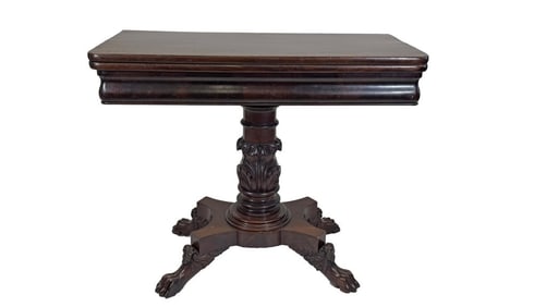 NY LATE FEDERAL CARD TABLE W. CARVED PEDESTAL & PAW FEET   30" X 35 3/4" X 17 3/4" CLOSED