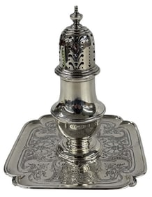 TIFFANY & CO STERLING SILVER SQUARE SALVER & SUGAR CASTER APPROX. 11.7 TROY