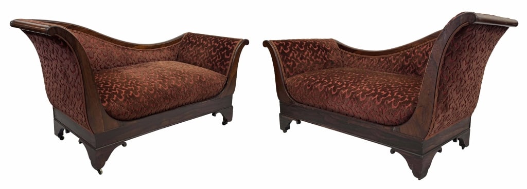 PR OF SMALL NYC RESTORATION PERIOD RECAMIERS ATTRIB. TO WORKSHOP OF DUNCAN PHYFE 33" X 62" X 21 1/2": PR OF SMALL NYC RESTORATION PERIOD RECAMIERS ATTRIB. TO WORKSHOP OF DUNCAN PHYFE 33" X 62" X 21 1/2"