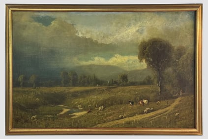 AMERICAN OIL/ CANVAS, MOHAWK VALLEY, NY LANDSCAPE COWS & FIGURES UNSIGNED, POSSIBLY JENNIE SWEET