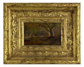 EDWARD HILL "FOREST STREAM" OIL ON CANVAS (1843 - 1923)   5 1/8" X 8"