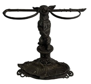 19THC. FIGURAL CANE / UMBRELLA STAND CAST IRON HOUND WITH WHIP  22 1/2" X 24" X 14"