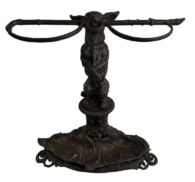 19THC. FIGURAL CANE / UMBRELLA STAND CAST IRON HOUND WITH WHIP  22 1/2" X 24" X 14" (1 of 10)