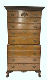 18THC. NEW ENGLAND FIGURED MAPLE CHEST ON CHEST W/ BALL & CLAW FEET & FAN CARVED 78 1/4" X 38" X 20"