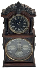 ITHACA CALENDAR CLOCK WITH MONTH, DAY & DATE DIAL IN EBONY TRIMMED CASE, EXC. CONDITION 20 1/2" X