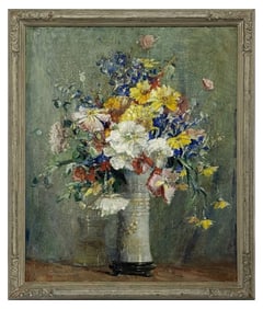 O/C BY ANNA FISHER "BOUQUET OF MIXED FLOWERS" GRAND CENTRAL GALLERIES LABEL 25" X 30"