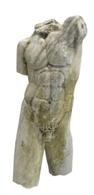 EARLY LIFE SIZE CARVED MARBLE MALE TORSO 34" TALL X 16"