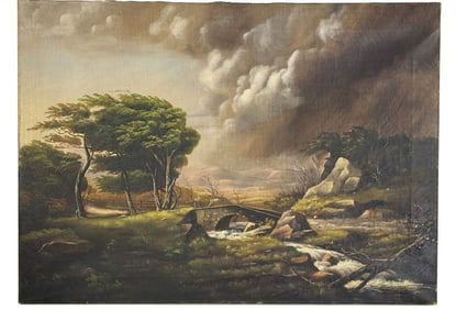 MID 19THC. AMERICAN SCHOOL OIL/CANVAS LANDSCAPE "THE APPROACHING STORM" UNFRAMED  25 1/2" X 36"