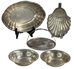 5 STERLING SILVER TABLE ARTICLES INC. GORHAM CHIPPENDALE PATTERN BREAD TRAY & FOOTED SCALLOP SHELL,