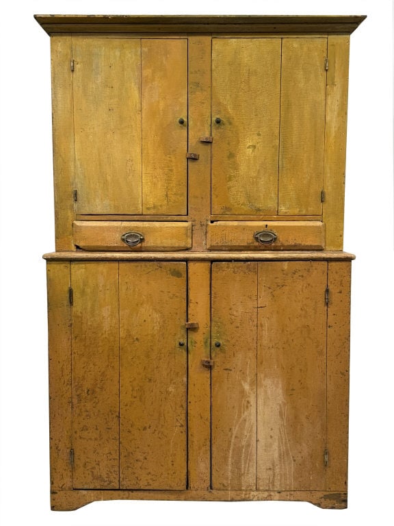 BLIND DOOR STEPBACK CUPBOARD, ORIG. CHROME YELLOW PAINT 71" X 40" (1 of 5)