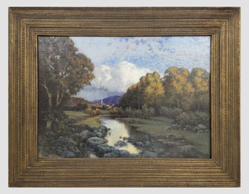 STEPHEN MAXFIELD PARRISH "SUMMER LANDSCAPE" OIL ON CANVAS IN NEWCOMB- MAKLIN FRAME 20" X 27 1/2"