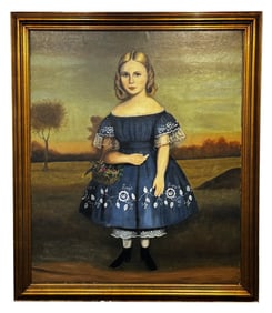 JOSEPH GOODHUE CHANDLER PORTRAIT OF A GIRL IN BLUE OIL / CANVAS (1813 - 1884) 43" X 36"
