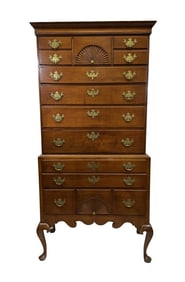 18THC. DOUBLE FAN DUNLAP SCHOOL MAPLE HIGHBOY,NH TOP SECTION 5 DR.  79 3/4" X 35 1/2" TOP X 38"