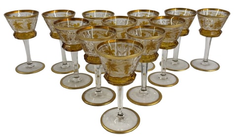 SET OF 12 BOHEMIAN GLASS STEMMED WINE GOBLETS 6 1/4" TALL