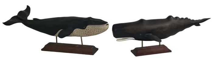 PR OF WOODEN WHALE SCULPTURES SGND R.I. BUYER "GREAT BLUE, 1969" & 1972 (1 WITH TAIL REPAIR) WHITE &